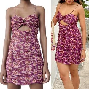 NWT Zara Purple Metallic Gold Printed Chiffon Ruched Cutout Mini Dress - M